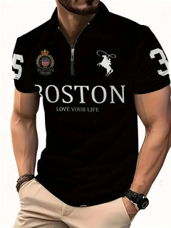 Men's 3D Digital Print Zip-Up Polo Shirt Value Destination